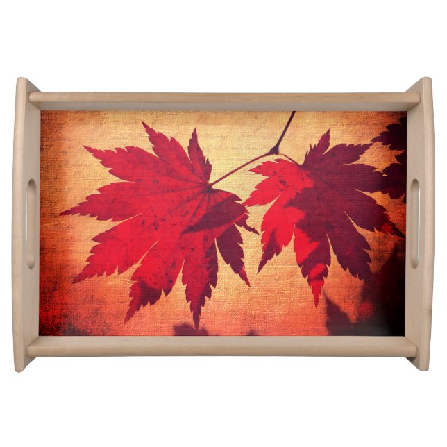 Japanese maple tree leaves script fall orange  serving tray (Front)