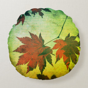 Japanese maple tree leaves script fall red green round pillow