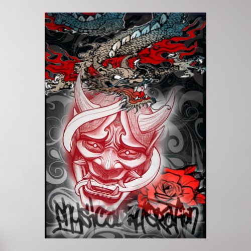 Japanese mask and dragon poster