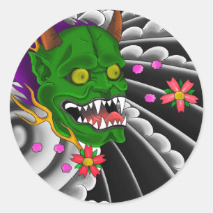 japanese mask tattoo design classic round sticker