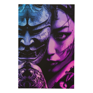 Japanese Masked Woman Dark Tattoo Realism Portrait Wood Wall Art