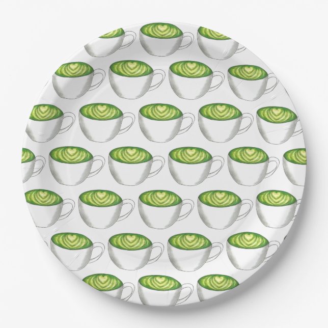 Japanese Matcha Green Tea Latte Teacup Foodie Paper Plates (Front)