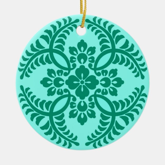 Japanese Medallion Pattern, Aqua and Turquoise  Ceramic Ornament (Front)