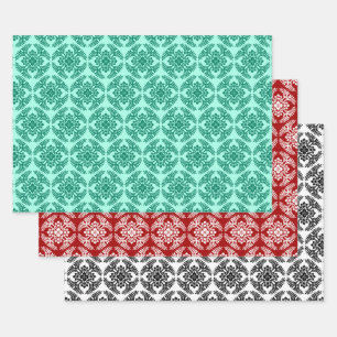 Japanese Medallion Pattern, Aqua. Red, Blk/White Wrapping Paper Sheets