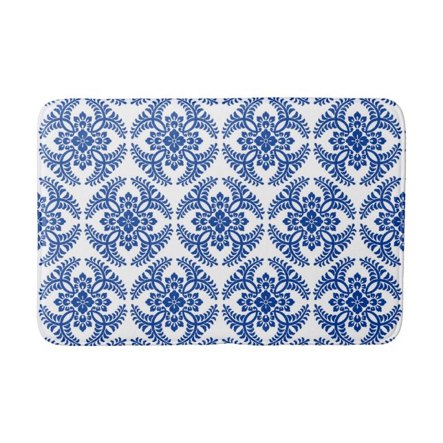 Japanese Medallion Pattern, Cobalt Blue and White  Bath Mat (Front)