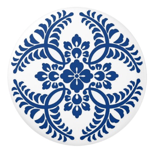 Japanese Medallion Pattern Cobalt Blue and White Ceramic Knob