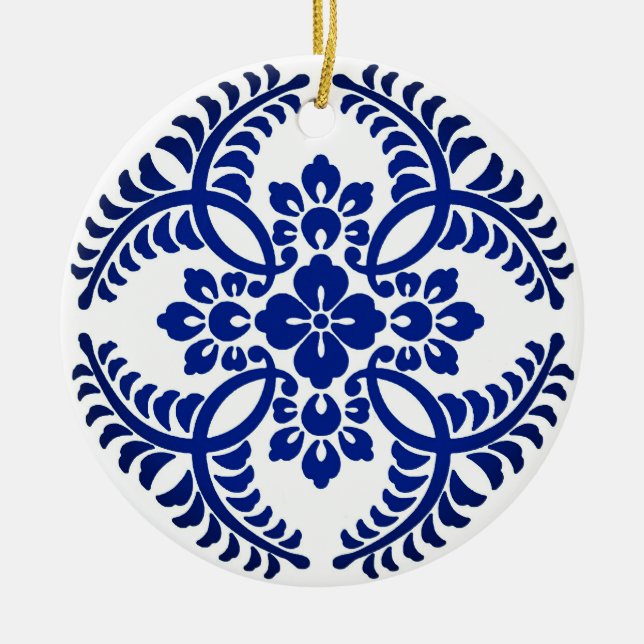 Japanese Medallion Pattern, Cobalt Blue and White  Ceramic Ornament (Front)