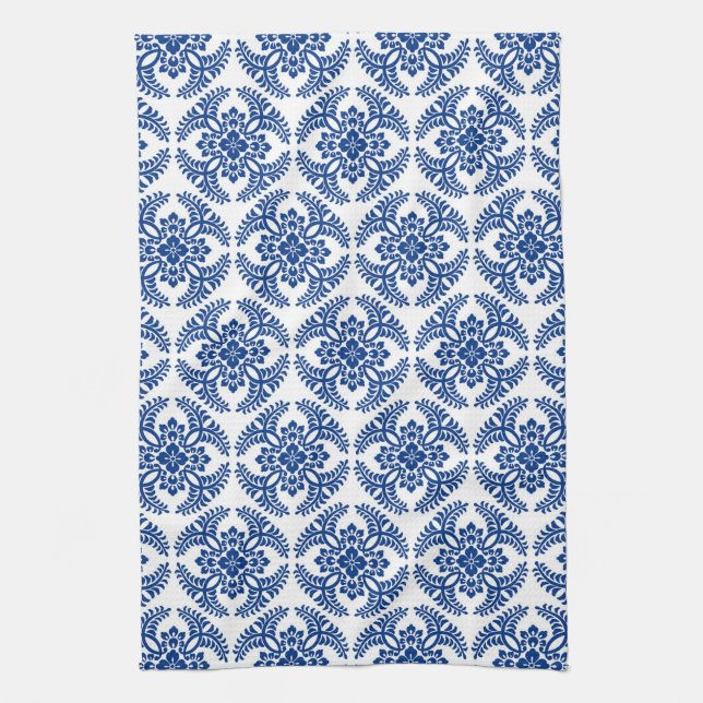 Japanese Medallion Pattern, Cobalt Blue and White  Kitchen Towel (Vertical)