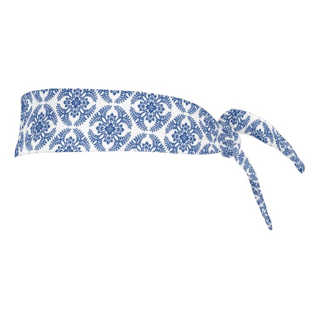 Japanese Medallion Pattern, Cobalt Blue and White Tie Headband (Rotate 90)
