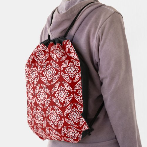 Japanese Medallion Pattern Deep Red and White Drawstring Bag