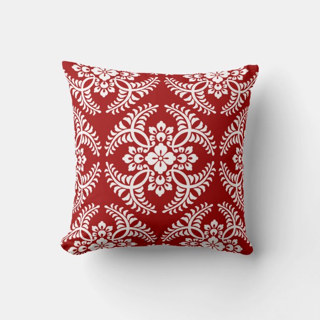 Japanese Medallion Pattern, Deep Red and White Throw Pillow (Front)