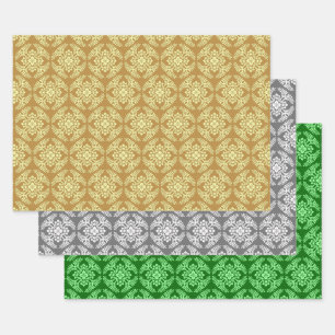 Japanese Medallion Pattern, Gold, Gray, Green Wrapping Paper Sheets