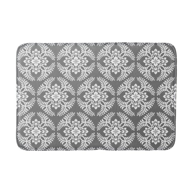 Japanese Medallion Pattern, Gray / Grey & White  Bath Mat (Front)