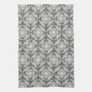 Japanese Medallion Pattern, Gray / Grey & White Kitchen Towel