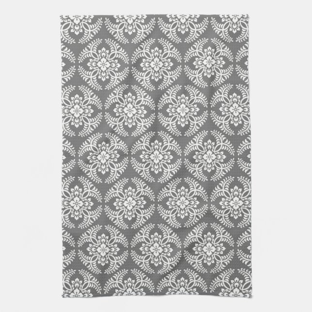 Japanese Medallion Pattern, Gray / Grey & White  Kitchen Towel (Vertical)