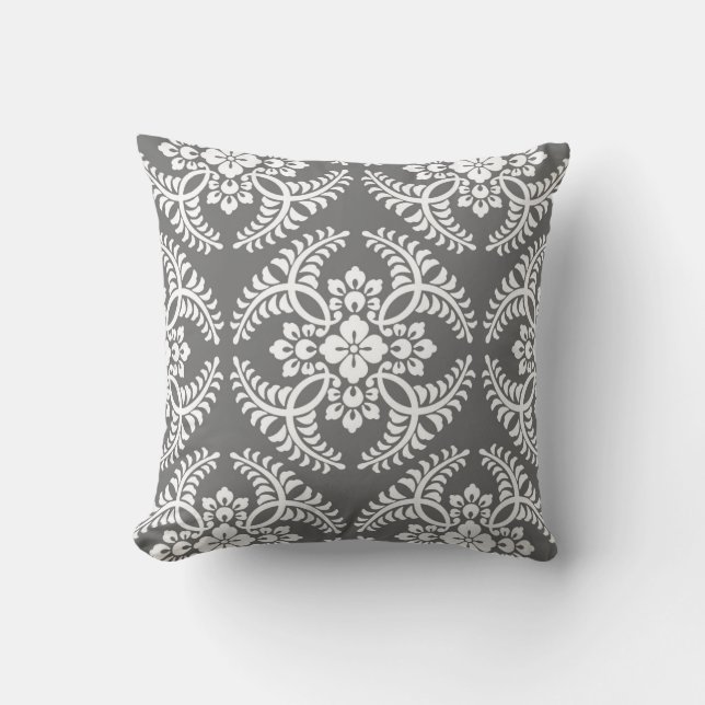 Japanese Medallion Pattern, Gray / Grey & White Throw Pillow (Front)