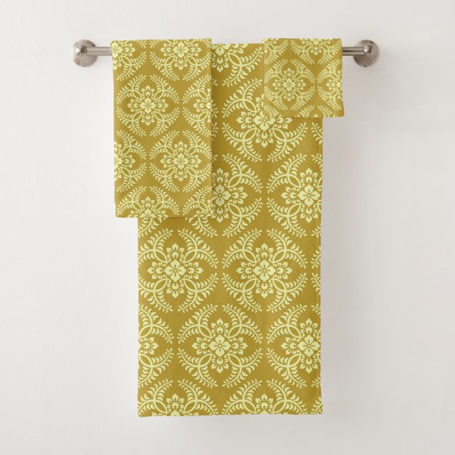 Japanese Medallion Pattern, Mustard Yellow Bath Towel Set (Insitu)