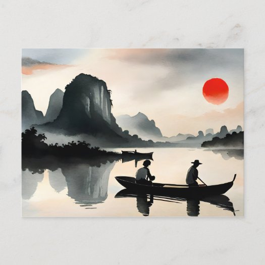 Japanese Men Sailing Boat Evening River Landscape 