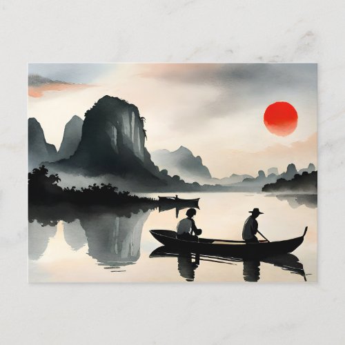 Japanese Men Sailing Boat Evening River Landscape  Postcard
