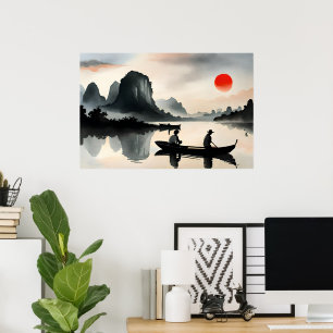 Japanese Men Sailing Boat Evening River Landscape Poster