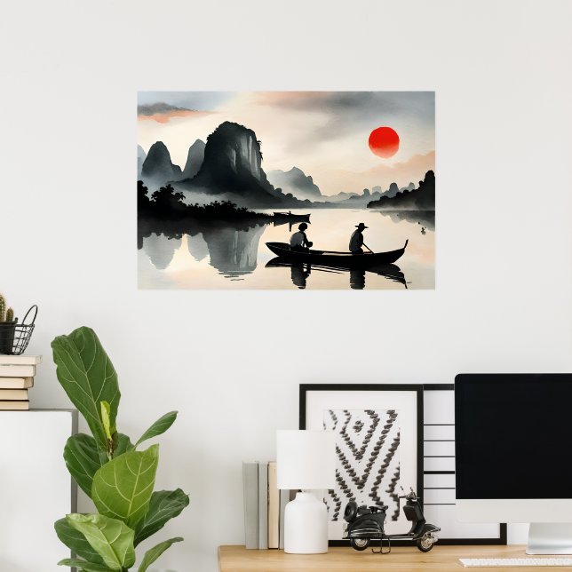 Japanese Men Sailing Boat Evening River Landscape  Poster (Home Office)