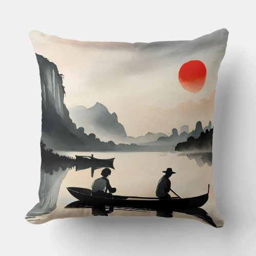Japanese Men Sailing Boat Evening River Landscape  Throw Pillow