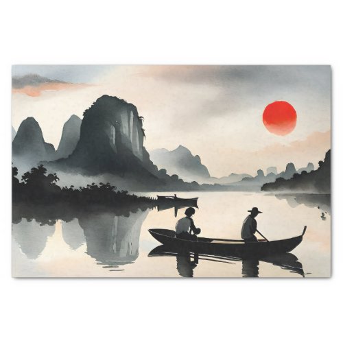 Japanese Men Sailing Boat Evening River Landscape  Tissue Paper