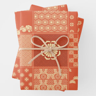 Japanese Mix Patchwork Coral Wrapping Paper Sheets