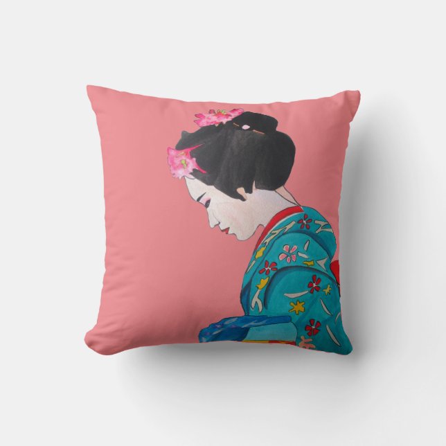 Japanese modern Geisha with pink cherry blossom Throw Pillow (Front)