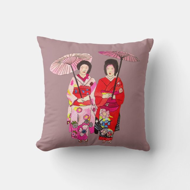 Japanese modern Geisha with pink kimono and obi Throw Pillow (Front)