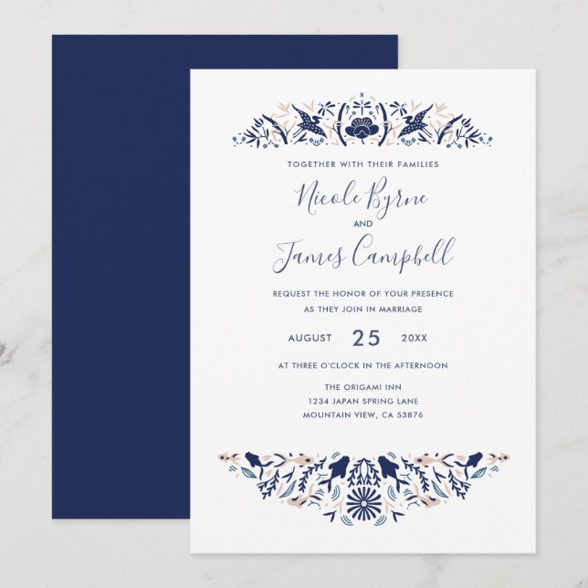 Japanese | Modern Koi Fish Crested ibis Lotus Blue Invitation (Front/Back)
