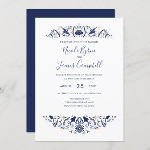 Japanese Modern Koi Fish Crested ibis Lotus Blue Invitation