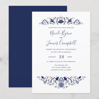 Japanese | Modern Koi Fish Crested ibis Lotus Blue Invitation