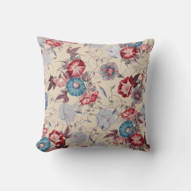 Japanese Morning Glories Flower Pattern Beige Throw Pillow (Front)