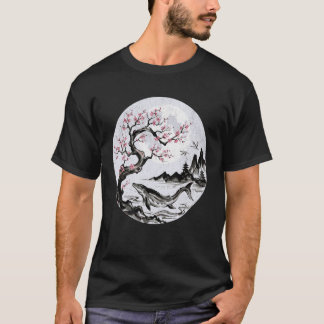 Japanese Mosasaurus Cherry Blossom Sumi-e Art for T-Shirt