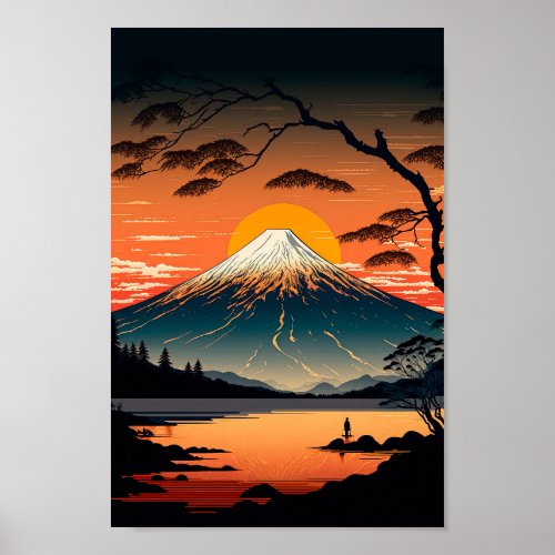 Japanese Mountain and Sun Ukiyo e illustration Poster