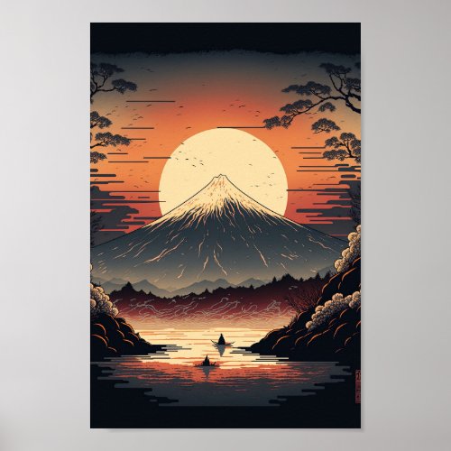 Japanese Mountain lake and fishermen Ukiyo e Poster