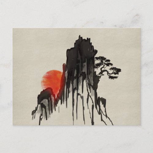 Japanese Mountain sunset _ sumi_e Postcard