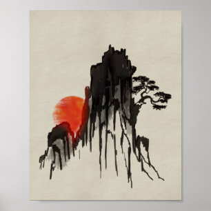 Japanese Mountain sunset - sumi-e Poster