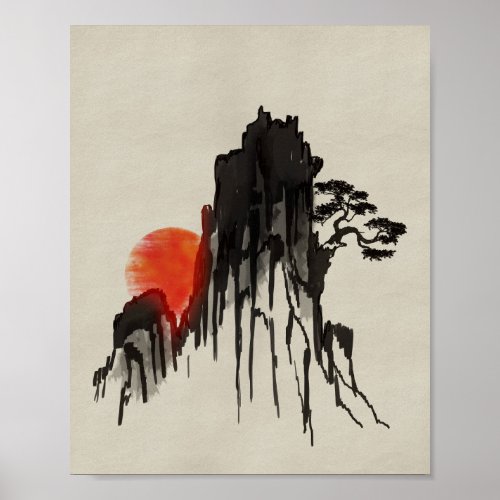 Japanese Mountain sunset _ sumi_e Poster