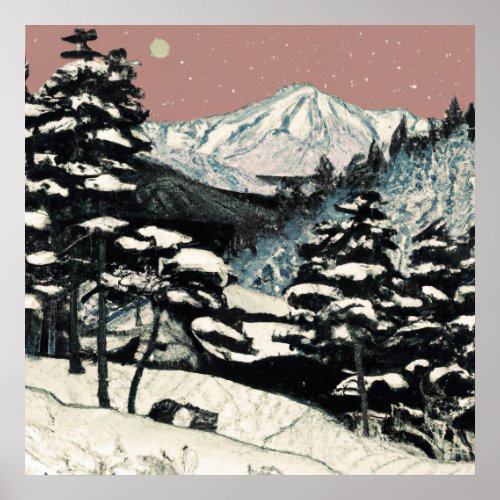 japanese mountain winter landscape poster
