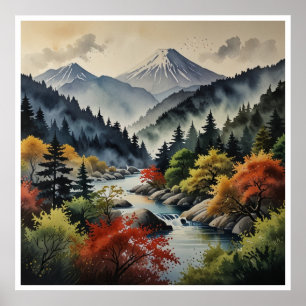 Japanese Mountains Watercolor Wall Art