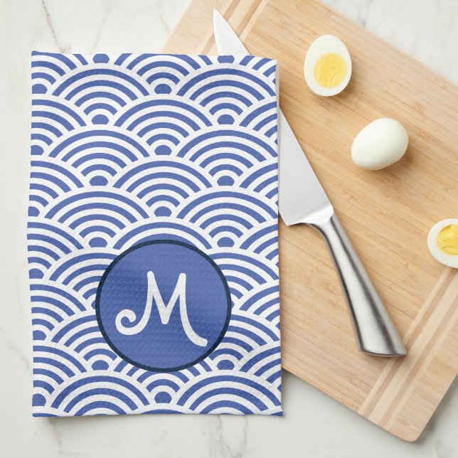 Japanese Nami Wave Pattern and Monogram Kitchen Towel (Quarter Fold)