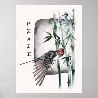 Japanese Nature Bird Asian Watercolor Art Peace 