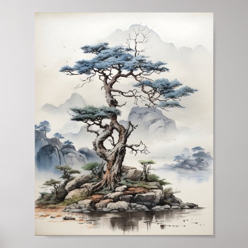 Japanese Nature Bonsai Tree Art Illustration Poster