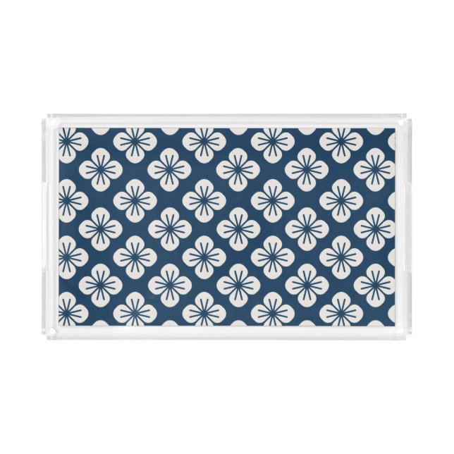Japanese Navy Blue Ivory Floral Geometric Pattern Acrylic Tray (Front)