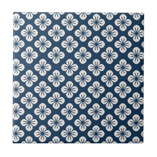 Japanese Navy Blue Ivory Floral Geometric Pattern Ceramic Tile (Front)