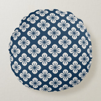Japanese Navy Blue Ivory Floral Geometric Pattern Round Pillow
