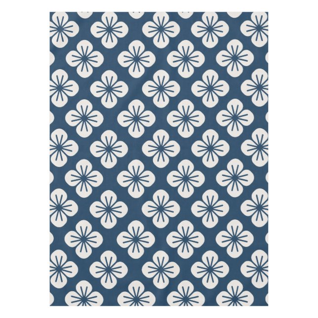 Japanese Navy Blue Ivory Floral Geometric Pattern Tablecloth (Front)