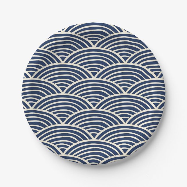 Japanese Navy Blue Ocean Waves Paper Plates (Front)